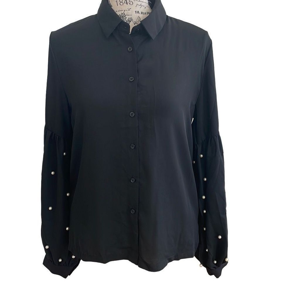 Free Generation Women's Button Down Black Blouse with Pearl Embellishment Small